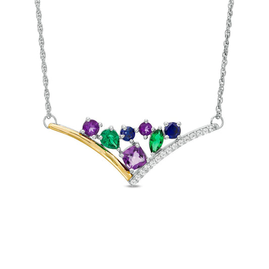 Multi-Gemstone and Lab-Created White Sapphire Triangle Cluster Chevron Necklace in Sterling Silver and 10K Yellow Gold