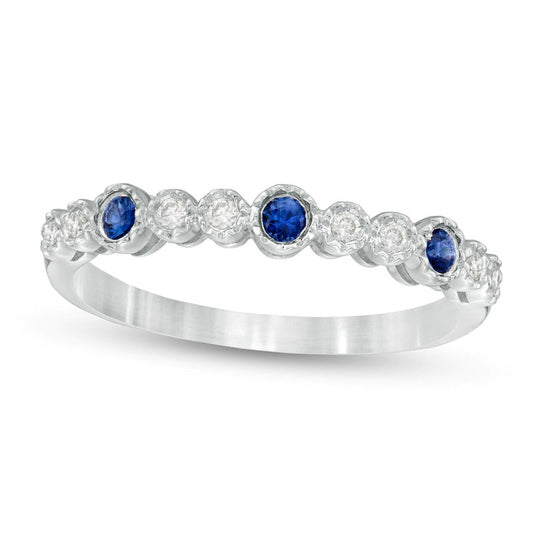 Bezel-Set Blue Sapphire and 0.07 CT. T.W. Natural Diamond Three Stone Bubble Stackable Band in Solid 14K White Gold