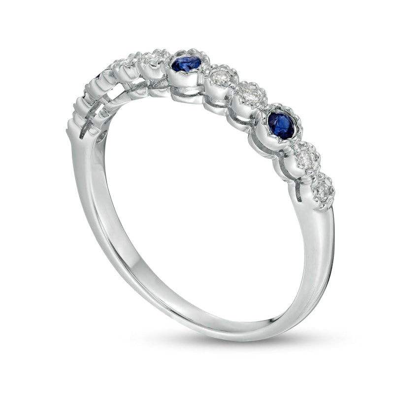 Bezel-Set Blue Sapphire and 0.07 CT. T.W. Natural Diamond Three Stone Bubble Stackable Band in Solid 14K White Gold