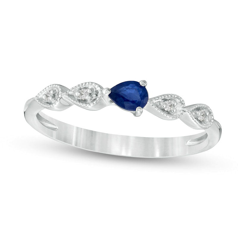 Sideways Pear-Shaped Blue Sapphire and Natural Diamond Accent Teardrop Frame Five Stone Stackable Ring in Solid 14K White Gold