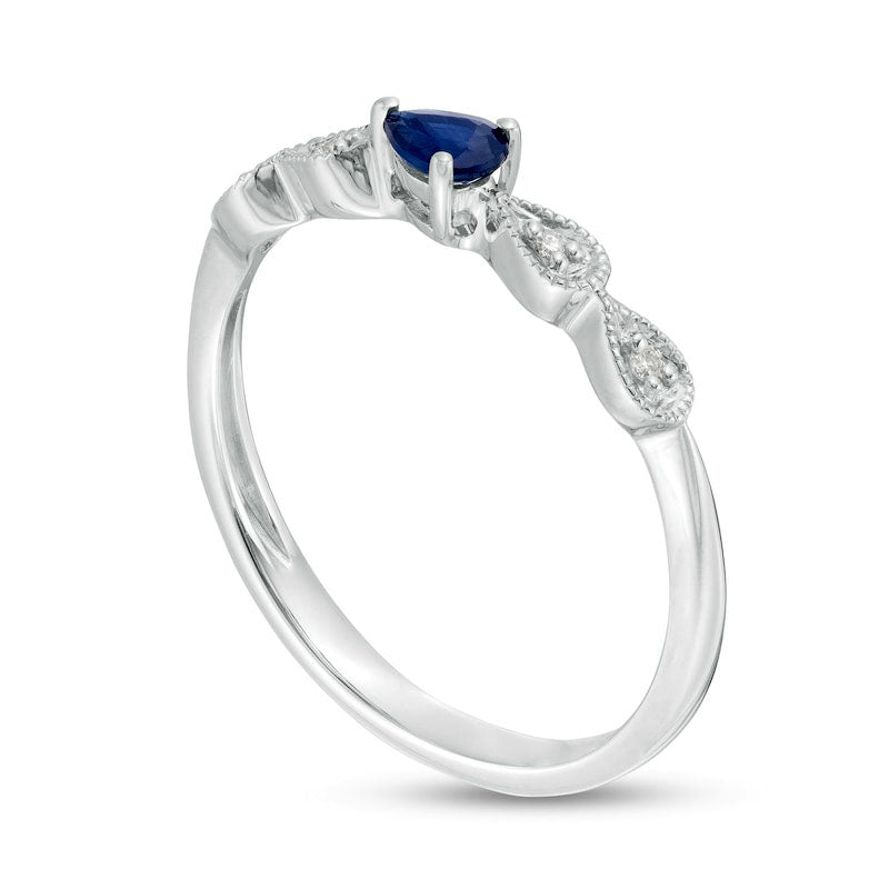 Sideways Pear-Shaped Blue Sapphire and Natural Diamond Accent Teardrop Frame Five Stone Stackable Ring in Solid 14K White Gold