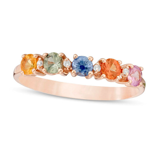 3.0mm Multi-Color Sapphire and Natural Diamond Accent Five Stone Ring in Solid 14K Rose Gold