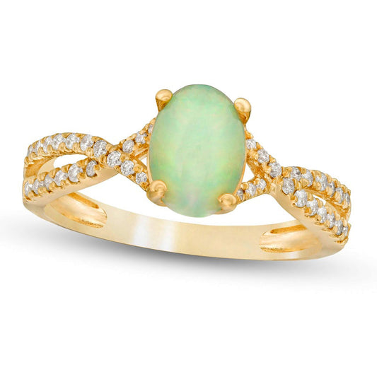 Oval Opal and 0.17 CT. T.W. Natural Diamond Crossover Shank Ring in Solid 14K Gold