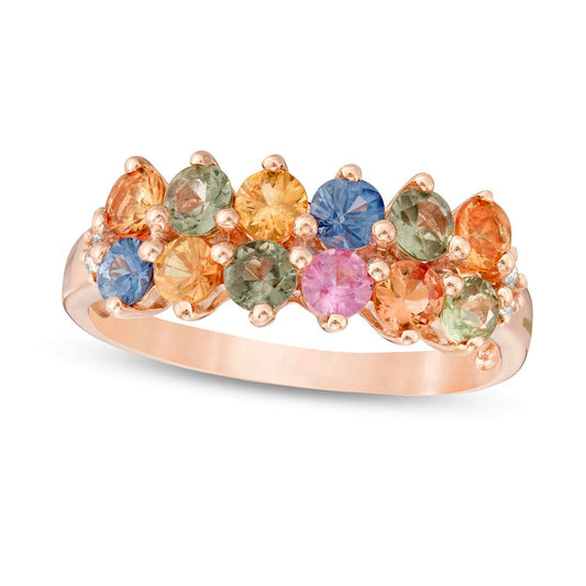3.0mm Multi-Color Sapphire and Natural Diamond Accent Double Row Ring in Solid 14K Rose Gold