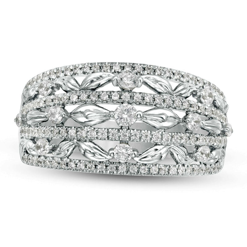 0.63 CT. T.W. Natural Diamond Flower Petals Three Row Ring in Solid 10K White Gold
