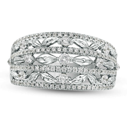 0.63 CT. T.W. Natural Diamond Flower Petals Three Row Ring in Solid 10K White Gold