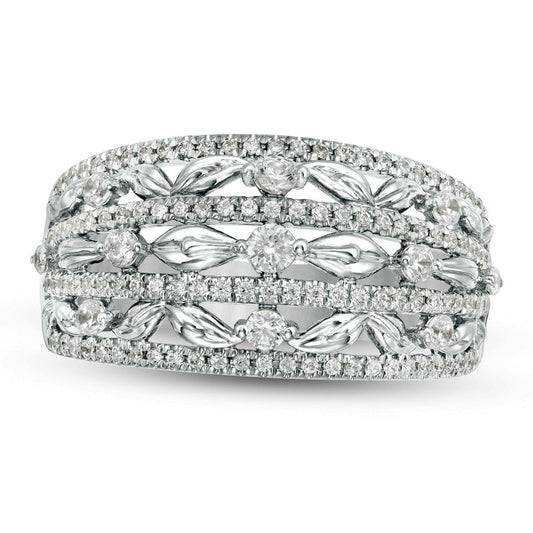 0.63 CT. T.W. Natural Diamond Flower Petals Three Row Ring in Solid 10K White Gold