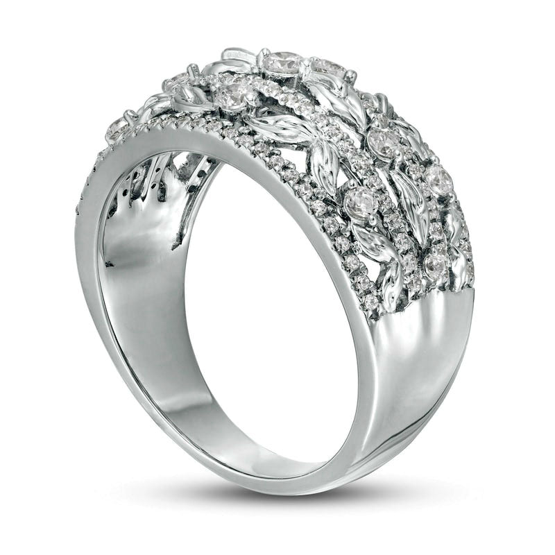 0.63 CT. T.W. Natural Diamond Flower Petals Three Row Ring in Solid 10K White Gold