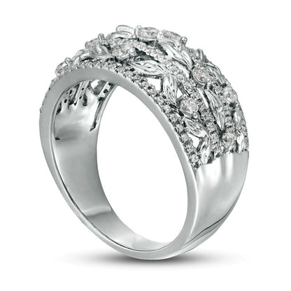 0.63 CT. T.W. Natural Diamond Flower Petals Three Row Ring in Solid 10K White Gold