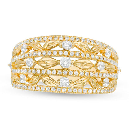 0.63 CT. T.W. Natural Diamond Flower Petals Three Row Ring in Solid 10K Yellow Gold