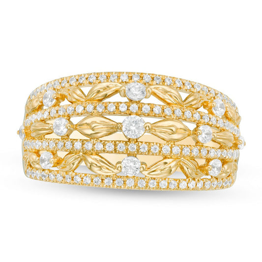 0.63 CT. T.W. Natural Diamond Flower Petals Three Row Ring in Solid 10K Yellow Gold