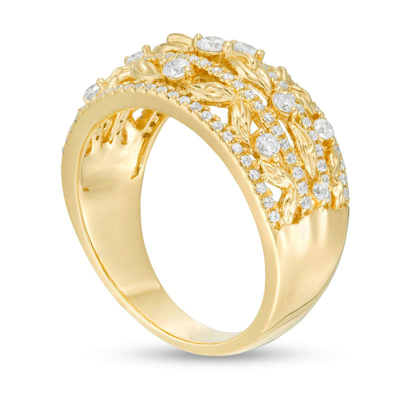 0.63 CT. T.W. Natural Diamond Flower Petals Three Row Ring in Solid 10K Yellow Gold
