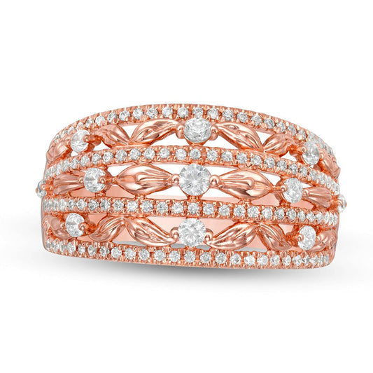 0.63 CT. T.W. Natural Diamond Flower Petals Three Row Ring in Solid 10K Rose Gold