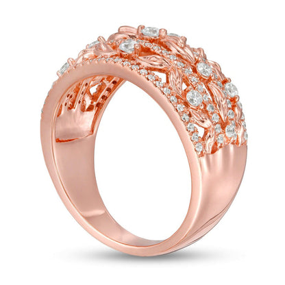 0.63 CT. T.W. Natural Diamond Flower Petals Three Row Ring in Solid 10K Rose Gold