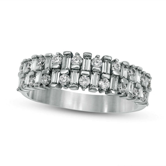 0.75 CT. T.W. Baguette and Round Natural Diamond Double Row Anniversary Band in Solid 14K White Gold