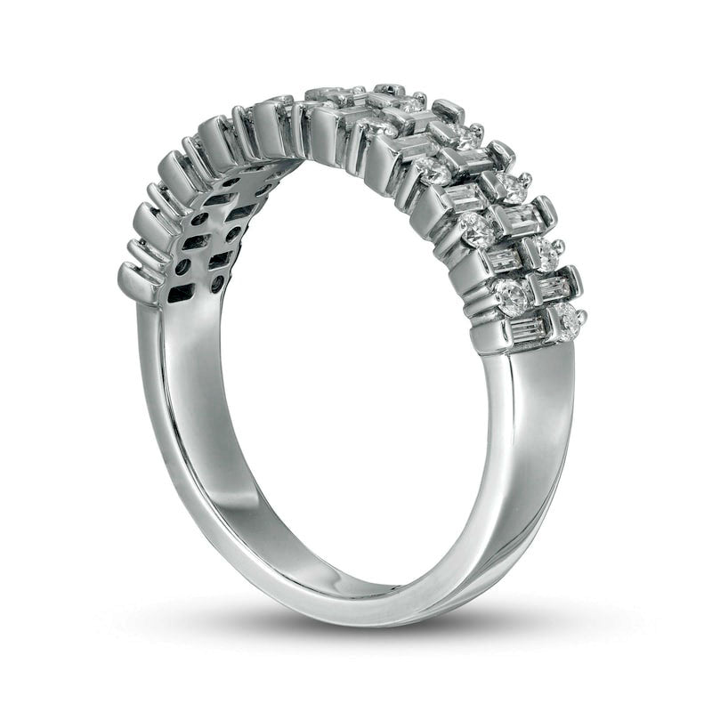 0.75 CT. T.W. Baguette and Round Natural Diamond Double Row Anniversary Band in Solid 14K White Gold