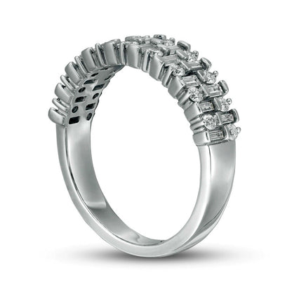 0.75 CT. T.W. Baguette and Round Natural Diamond Double Row Anniversary Band in Solid 14K White Gold