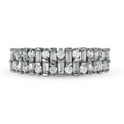 0.75 CT. T.W. Baguette and Round Natural Diamond Double Row Anniversary Band in Solid 14K White Gold