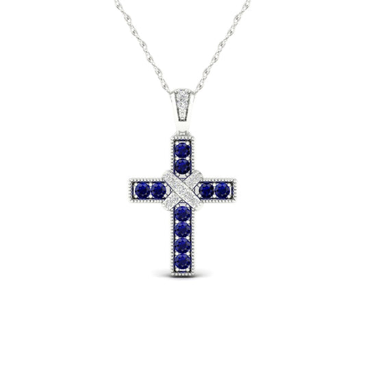 Blue Sapphire and Natural Diamond Accent Antique Vintage-Style Cross Pendant in 10K White Gold