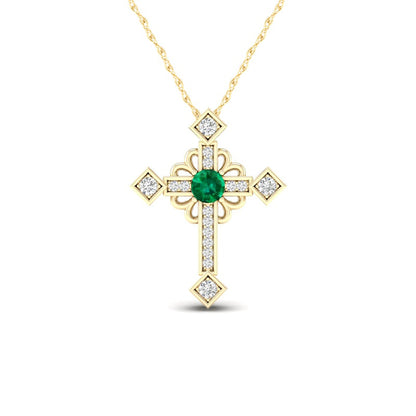 Emerald and 0.05 CT. T.W. Natural Diamond Gothic-Style Cross Pendant in 10K Yellow Gold