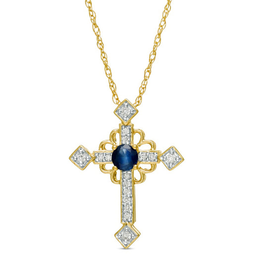 Blue Sapphire and 0.05 CT. T.W. Natural Diamond Ornate Cross Pendant in 10K Yellow Gold