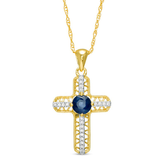 4.0mm Blue Sapphire and 0.05 CT. T.W. Natural Diamond Antique Vintage-Style Woven Cross Pendant in 10K Yellow Gold