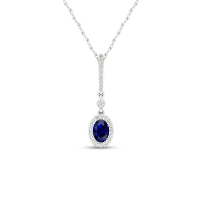 Oval Blue Sapphire and 0.07 CT. T.W. Natural Diamond Frame Drop Pendant in 10K White Gold