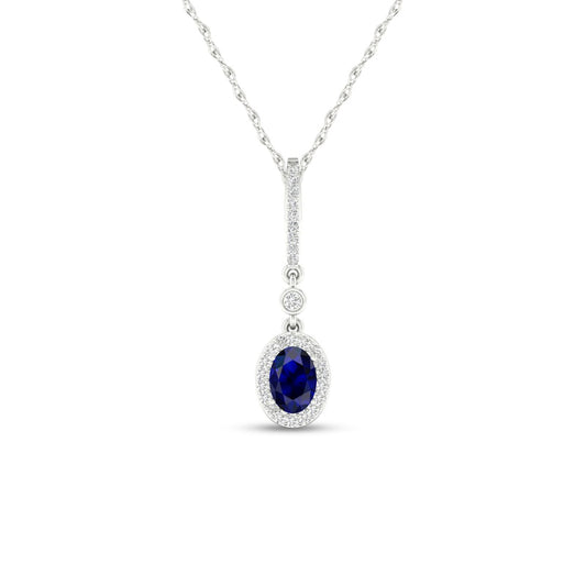 Oval Blue Sapphire and 0.07 CT. T.W. Natural Diamond Frame Drop Pendant in 10K White Gold