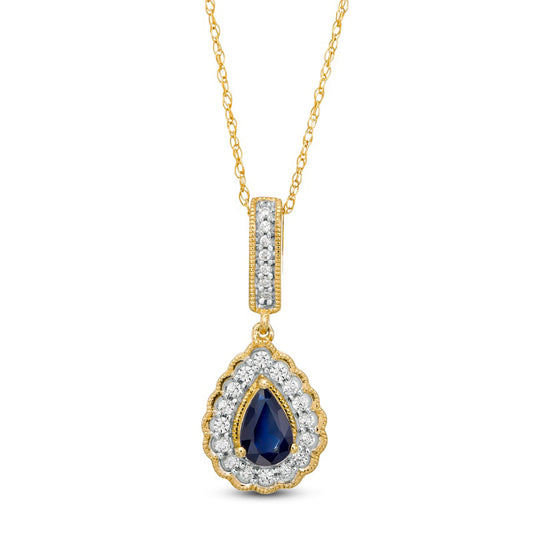 Pear-Shaped Blue Sapphire and 0.17 CT. T.W. Natural Diamond Scallop Frame Antique Vintage-Style Pendant in 10K Yellow Gold