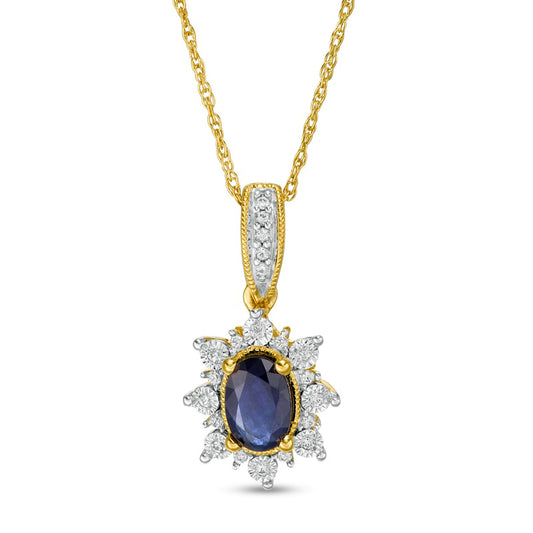 Oval Blue Sapphire and 0.07 CT. T.W. Natural Diamond Sun Frame Antique Vintage-Style Pendant in 10K Yellow Gold