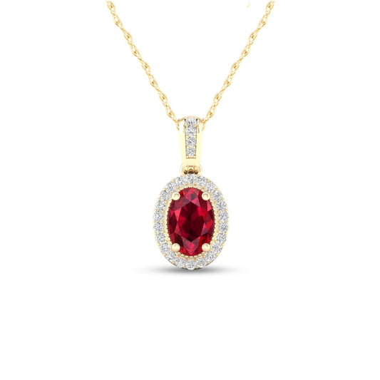 Oval Ruby and 0.07 CT. T.W. Natural Diamond Frame Pendant in 10K Yellow Gold