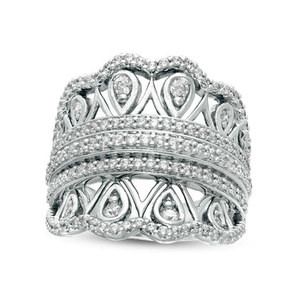1.0 CT. T.W. Natural Diamond Ornate Scallop Chevron Ring in Solid 10K White Gold