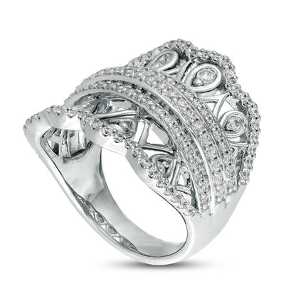 1.0 CT. T.W. Natural Diamond Ornate Scallop Chevron Ring in Solid 10K White Gold