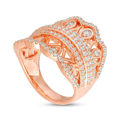 1.0 CT. T.W. Natural Diamond Ornate Scallop Chevron Ring in Solid 10K Rose Gold
