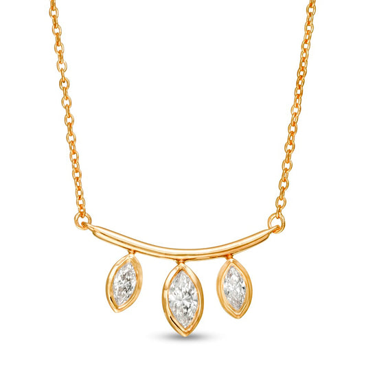 0.2 CT. T.W. Marquise Natural Diamond Three Stone Curved Bar Necklace in 10K Yellow Gold