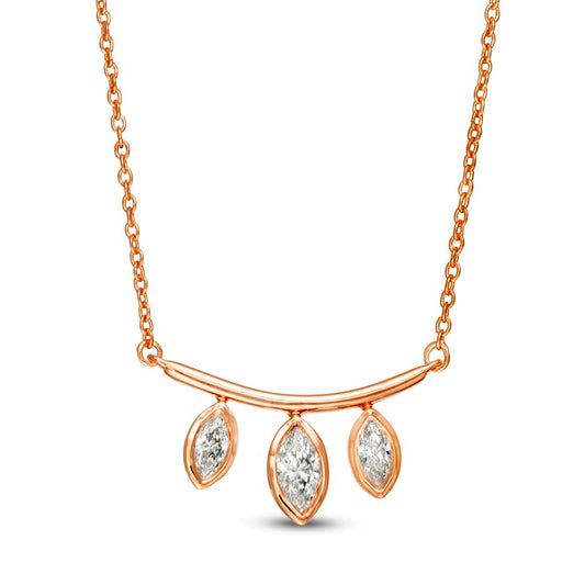 0.2 CT. T.W. Marquise Natural Diamond Three Stone Curved Bar Necklace in 10K Rose Gold