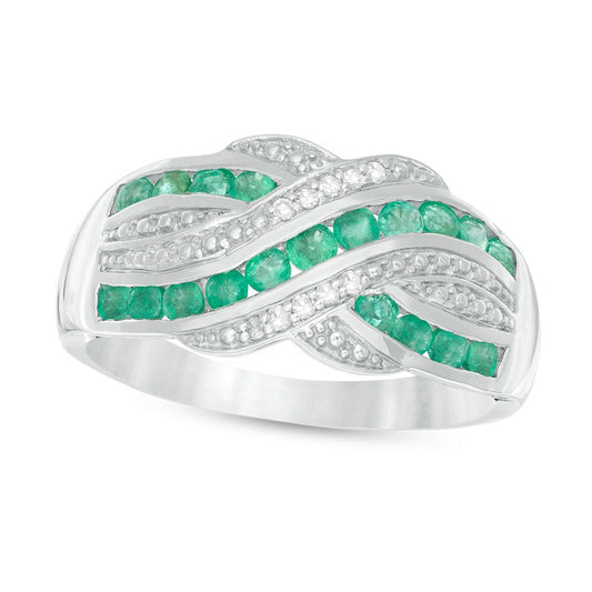Emerald and 0.05 CT. T.W. Natural Diamond Beaded Border Crossover Ring in Sterling Silver