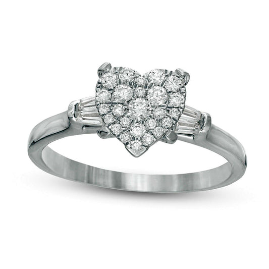 0.50 CT. T.W. Composite Heart-Shaped Natural Diamond with Baguette Sides Engagement Ring in Solid 14K White Gold