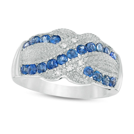 Blue Sapphire and 0.05 CT. T.W. Natural Diamond Beaded Border Crossover Ring in Sterling Silver