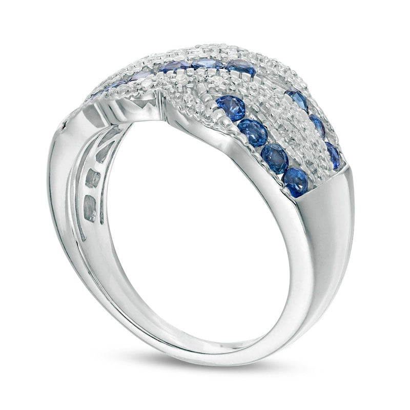 Blue Sapphire and 0.05 CT. T.W. Natural Diamond Beaded Border Crossover Ring in Sterling Silver