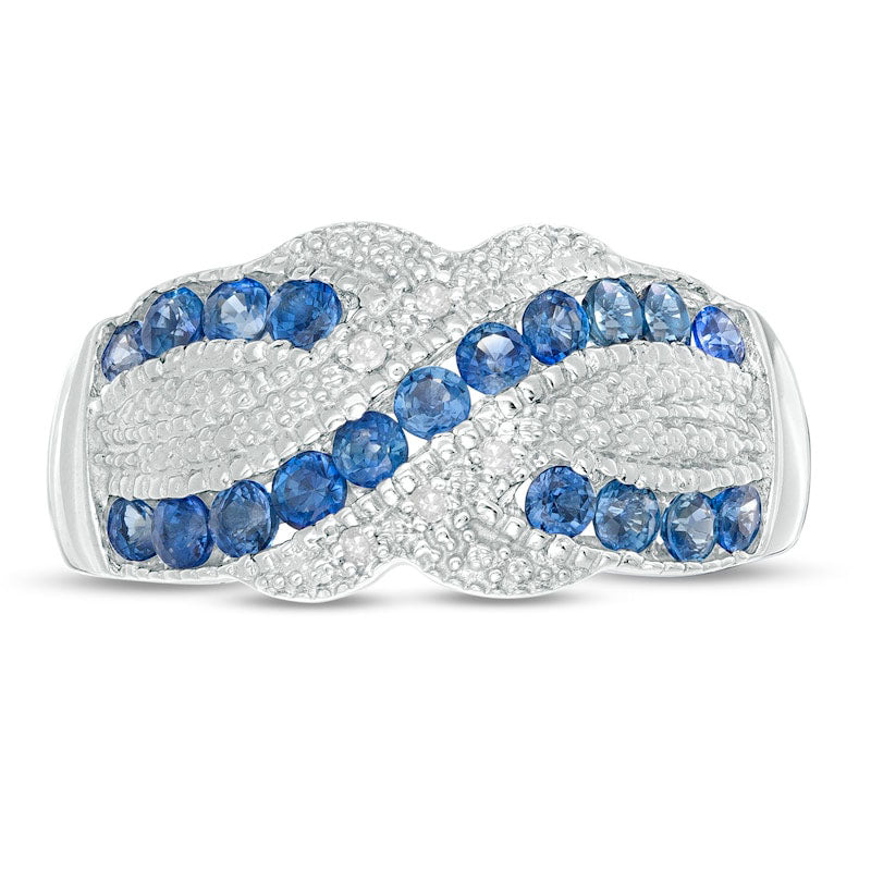 Blue Sapphire and 0.05 CT. T.W. Natural Diamond Beaded Border Crossover Ring in Sterling Silver