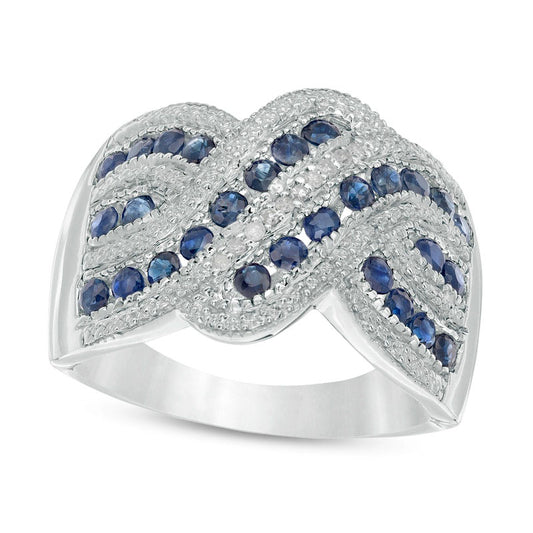 Blue Sapphire and 0.10 CT. T.W. Natural Diamond Beaded Border Multi-Row Crossover Ring in Sterling Silver