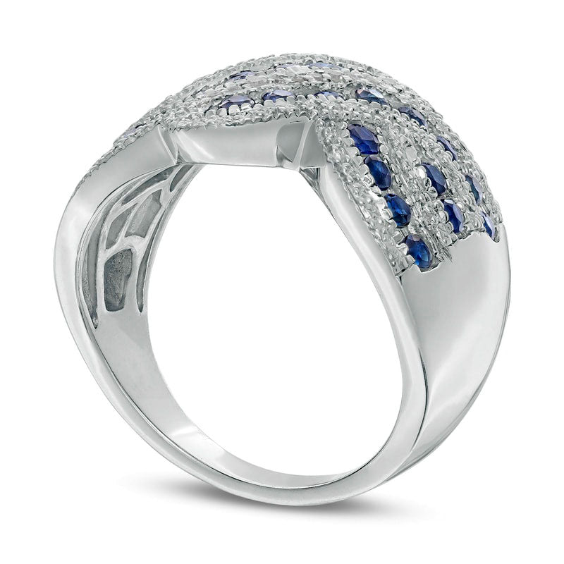 Blue Sapphire and 0.10 CT. T.W. Natural Diamond Beaded Border Multi-Row Crossover Ring in Sterling Silver