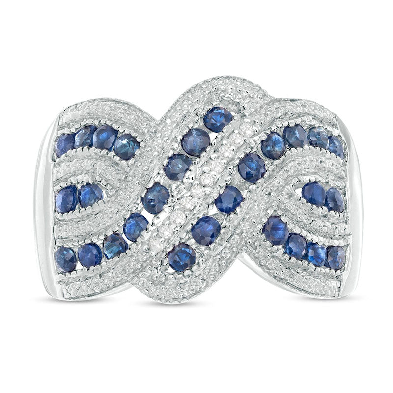 Blue Sapphire and 0.10 CT. T.W. Natural Diamond Beaded Border Multi-Row Crossover Ring in Sterling Silver