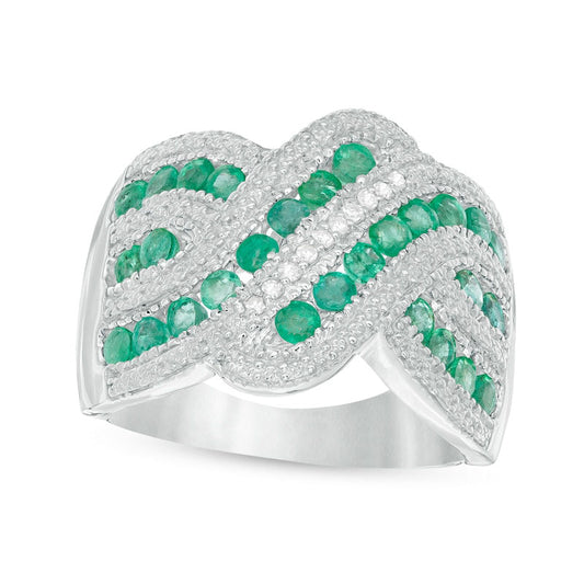 Emerald and 0.10 CT. T.W. Natural Diamond Beaded Border Multi-Row Crossover Ring in Sterling Silver