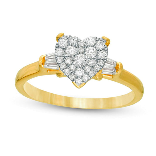 0.50 CT. T.W. Composite Heart-Shaped Natural Diamond with Baguette Sides Engagement Ring in Solid 14K Gold