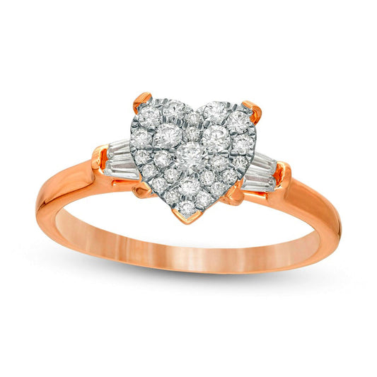 0.50 CT. T.W. Composite Heart-Shaped Natural Diamond with Baguette Sides Engagement Ring in Solid 14K Rose Gold