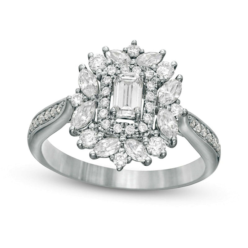 1.0 CT. T. W. Emerald-Cut Natural Diamond Flower Frame Engagement Ring in Solid 14K White Gold