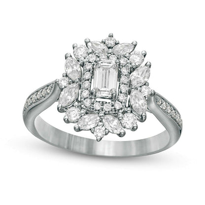 1.0 CT. T. W. Emerald-Cut Natural Diamond Flower Frame Engagement Ring in Solid 14K White Gold