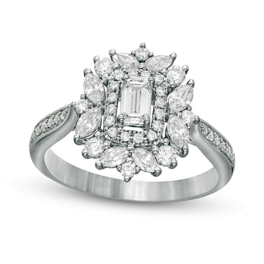 1.0 CT. T. W. Emerald-Cut Natural Diamond Flower Frame Engagement Ring in Solid 14K White Gold